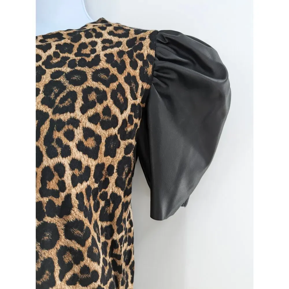 Michael Kors Leopard Print Faux Leather Sleeves Size XS - Picture 8 of 15